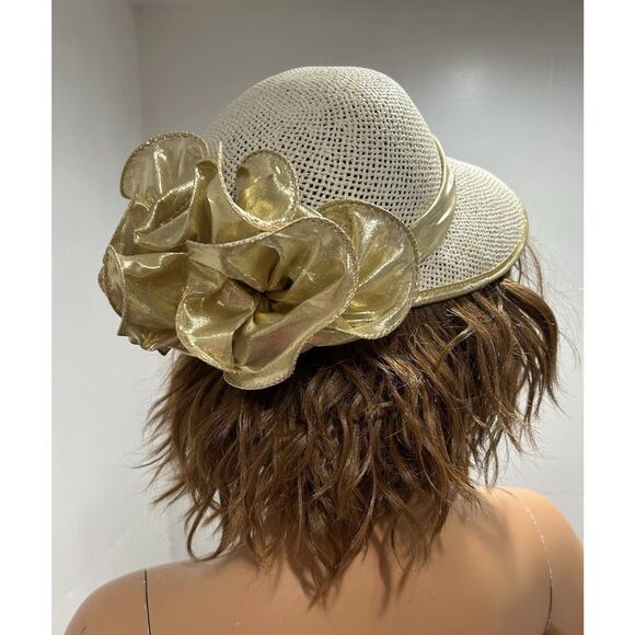 Ribbon Sonni Hat Natural Straw With Gold Bow Fabric cloche Style Sun Hat main image 6
